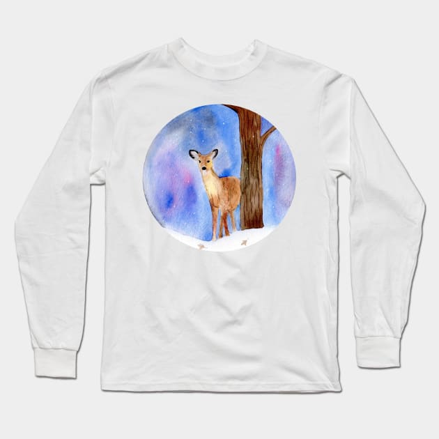 Deer in the Winter Forest Painting Long Sleeve T-Shirt by Sandraartist